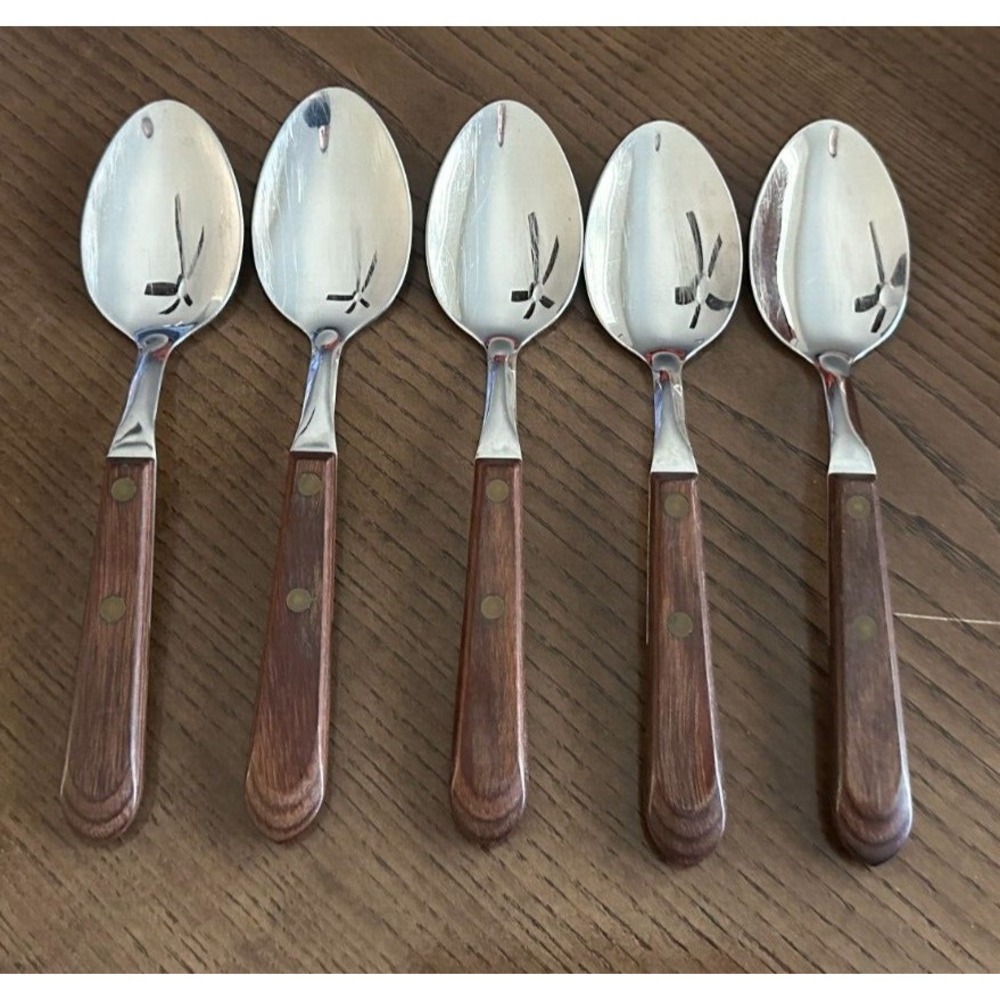 Vtg 5 Place Spoons Washington Forge TOWN & COUNTRY Stainless Wood Handle 7 1/8''